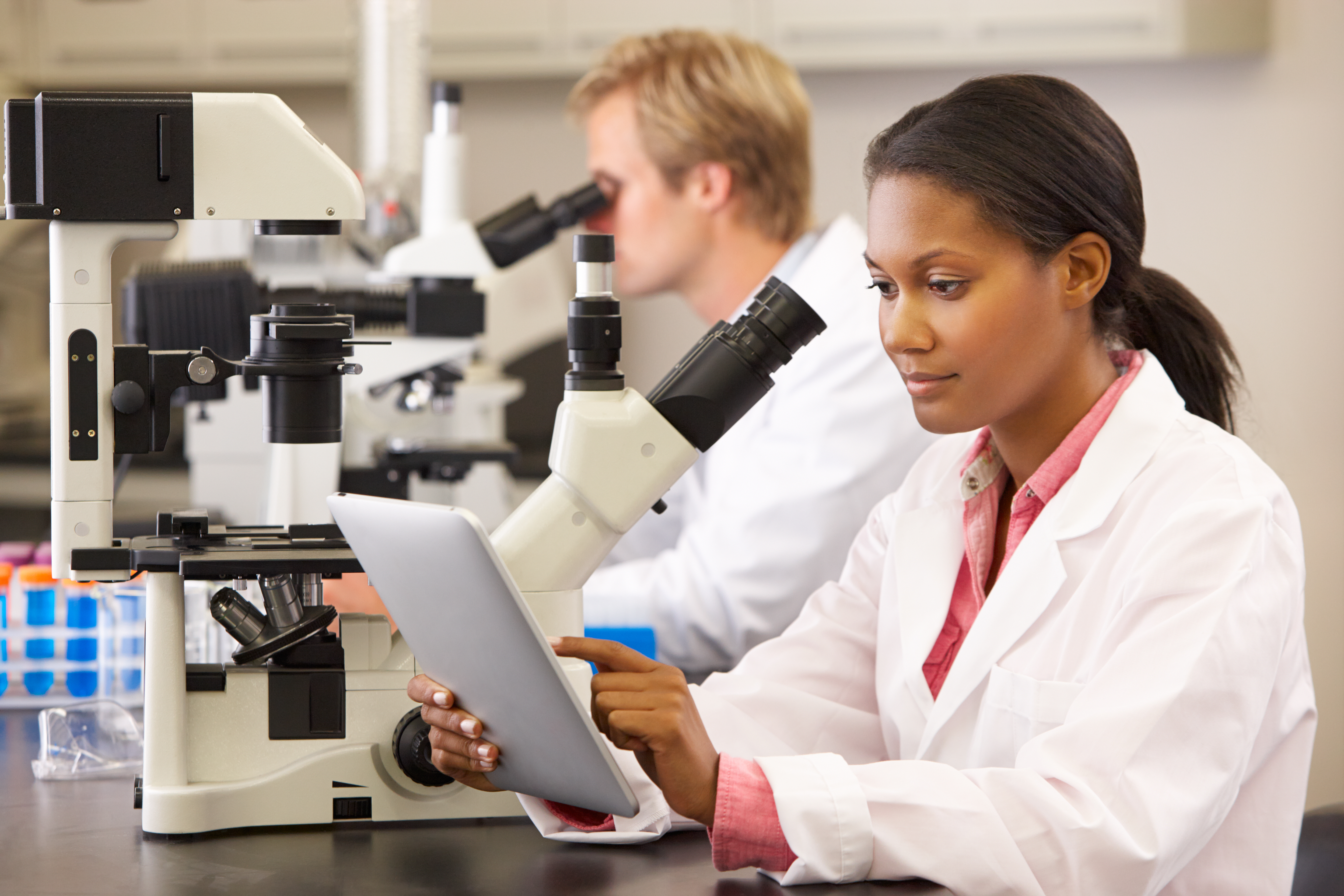 Two Lab Workers At Microscopes
